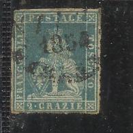 ANTICHI STATI ITALIANI ASI 1851 - 1852 TOSCANA 2 CRAZIE AZZURRO CHIARO SU GRIGIO ANNULLATO USED OBLITERE' - Tuscany