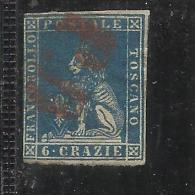 ANTICHI STATI ITALIANI ASI 1851 - 1852 TOSCANA 6 CRAZIE AZZURRO SCURO SU AZZURRO ANNULLATO USED - Tuscany