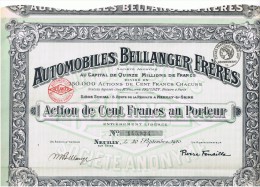 92 NEUILLY ACTION 100frs AUTOMOBILES BELLANGER FRERES  Signée M BELLANGER P FENAILLE - Automobil