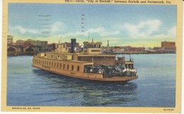 Norfolk To Portsmouth VA Virginia, Auto Ferry Boat, C1930s Vintage Curteich Linen Postcard - Norfolk