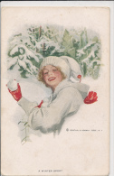 FISHER HARRISON, GIRL WITH SNOWBALL, SNOW, A WINTER SPORT, EX Cond. PC, Unused, RN, No 600 - Fisher, Harrison