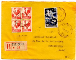 Lettre Recomendée De Excideuil (02.07.1945) Pour Carcasonne Yv N°633 Et N°669 - 1944 Marianne Van Algerije