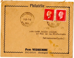 Lettre De Excideuil (07.06.1945) Pour Carcasonne Yv N°685 Et 691 - 1944-45 Maríanne De Dulac