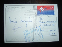 CP POUR ITALIE TP REVOLUTION FRANCAISE 2,20F OBL.MEC. 9-5-1989 CLERMONT FERRAND (63 PUY DE DOME) + CACHET BLEU DE RETOUR - Brieven En Documenten