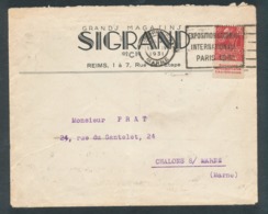 Type Femme Fachi 50c Rouge Avec Pub Documentation Unique Sur Lettre De Reims Pour Châlons Sur Marne - Cartas & Documentos