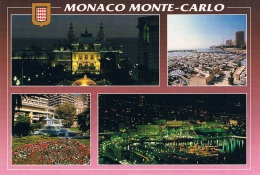 MONACO MONTE-CARLO - Le Casino La Nuit, Les Plages Du Larvotto, La Fontaine Du Portier, Le Port - Circulée - Tarjetas Panorámicas