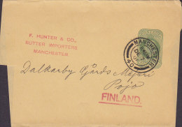 Great Britain Postal Stationery Ganzsache Newspaper Wrapper F. HUNTER & Co. Butter Importers MANCHESTER 1908 To Finland - Entiers Postaux