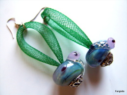 Boucles D´oreilles Perles Artisanales En Verre Filé Au Chalumeau Vert Bleu - Ohrringe