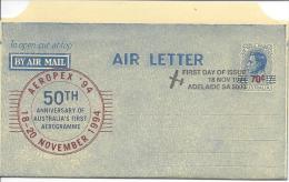 Australie 50ème Anniversaire De L'aérogramme Le 18 Novembre 1994. Surcharge 70c Sur 7. Oblitéré Mais Non Voyagé TTB - Luchtpostbladen
