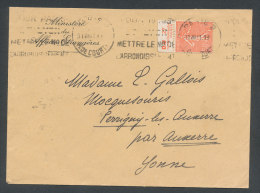 Semeuse 50c Rouge Avec Pub Documentation Unique Sur Lettre De Paris Pour Perrigny-les-Auxerre (Yonne) - Cartas & Documentos