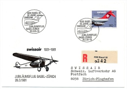 SUISSE - Jubiläumsflug Basel - Zürich 1931/1981 - Anniversaire Bâle - Zürich - SWISSAIR - Erst- U. Sonderflugbriefe