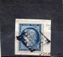 FRANCE    25 C     Année 1850       Y&T: 4    Type Cérès    (sur Fragment Oblitéré) - 1849-1850 Ceres