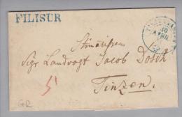 Heimat GR Filisur 1852-04-30 Langstempel Blau Brief Nach Tinzen - 1843-1852 Kantonalmarken Und Bundesmarken