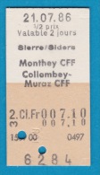 SBB CFF FFS - Billet En Carton Edmonson De Sierre/Siders à Monthey CFF / Collombey Muraz - 21.07.1986 - Europe