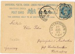 Ganzsache One Anna Von SIKANDRA 04.08.1905 über Bombay F Nach Unterkochen Papierfabrik Neukochen - Territorio Británico Del Océano Índico