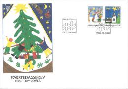 Oslo 23/11/1990. Timbres De Noël. Dessins D'enfants. Bonhomme De Neige Eglise - FDC