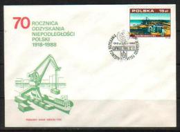 POLAND FDC 1988 70TH ANNIV OF GAINING INDEPENDENCE AFTER WW1 1918-1988 SERIES 6 Port Gdynia Ship Crane Container - FDC