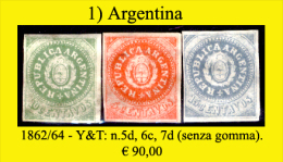 Argentina-001 (1862/64 - Y&T: N.5d, 6c, 7d (sg) NG) - Unused Stamps