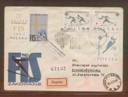 POLAND 1962 BOCIAN DELAYED GLIDER FLIGHT COVER 1 CINDERELLA LABEL1 PURPLE DELAY CACHET FIS SKIING FDC SET CINDERELLA - Alianti