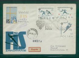 POLAND 1962 BOCIAN DELAYED GLIDER FLIGHT COVER 1 CINDERELLA LABEL 2 PURPLE DELAY CACHET FIS SKIING FDC SET CINDERELLA - Planeadores