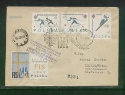 POLAND 1962 BOCIAN DELAYED GLIDER FLIGHT COVER 2 CINDERELLA LABEL 2 PURPLE DELAY CACHET FIS SKIING FDC SET CINDERELLA - Gliders