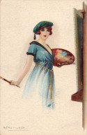 ART DÉCO : PORTRAIT D´une JEUNE FEMME En ROBE BLEUE - PEINTRE - ILLUSTRATION SIGNÉE : S. BOMPARD ~ 1910 (p-340) - Bompard, S.