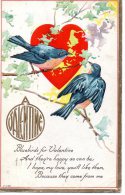 Illustrée Gaufrée : Oiseaux Bleus Sur Des Feuilles Stylisées Devant Un Coeur Rouge . A VALENTINE - Saint-Valentin