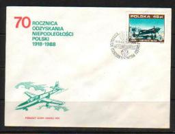 POLAND FDC 1988 70TH ANNIV OF GAINING INDEPENDENCE AFTER WW1 1918-1988 SERIES 1 PLANES FLIGHT Aircraft Hangers Flag - Guerre Mondiale (Première)