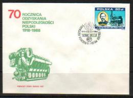 POLAND FDC 1988 70TH ANNIV OF GAINING INDEPENDENCE AFTER WW1 1918-1988 SERIES 5 Steel Works Locomotive Trains Railways - Guerre Mondiale (Première)