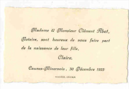 AUDE CAUNES MINERVOIS : FAIRE PART DE NAISSANCE  DE CLAIRE ABET EN 1925 - Nacimiento & Bautizo