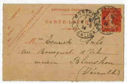 Carte Lettre Entier Postal Semeuse 10 C Voyagé MONTPELLIER Vers LE BOUSQUET D´ORB En 1914 - Cartes-lettres