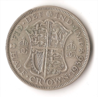 GRANDE-BRETAGNE 1/2 CROWN    1936  ARGENT - K. 1/2 Crown