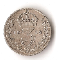 GRANDE-BRETAGNE 3 PENCE    1913  ARGENT - F. 3 Pence