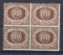 Rep. Di San Marino - 1892/94 - 40 Cent. Sass. 17 In Quartina ** - Unused Stamps