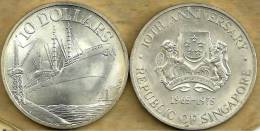 SINGAPORE $10 SHIP FRONT EMBLEM 10TH ANN OF INDEPENDENCE BACK 1975 SILVER AUNC KM? READ DESCRIPTION CAREFULLY !!! - Singapore