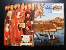 2 Cards Maximum From Portugal,  Special Cancel Lubrapex Angel 1984 Art Painting Ships - Maximumkaarten