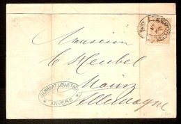 Nr. 28 Op Brief Met MEDAILLON - Afstempeling / Obl. Ellipt. PP / ANVERS (STATION) Verzonden Naar / à  MAINZ ! - 1869-1888 Leone Coricato