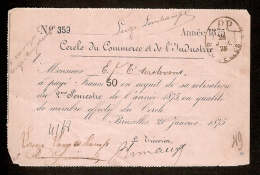 Ontvangstbewijs Met Ovale Afstempeling PP BRUXELLES Dd. 28/7/1875 Verzonden Naar LEUZE - LONGCHAMPS ! ZELDZAAM ! - Other & Unclassified