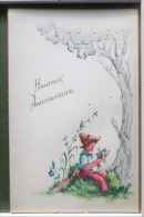 Cp Litho Illustrateur LORE H HUMMEL Anniversaire Enfant Garcon Chapeau Assis Sous Arbre Bouquet Fleurs - Hummel