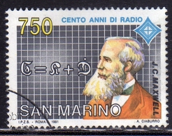 REPUBBLICA DI SAN MARINO 1991 INVENZIONE RADIO INVENTION JAMES CLERK MAXWELL LIRE 750 USATO USED OBLITERE' - Usati