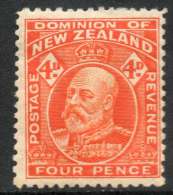 New Zealand 1910 - 4d Orange P14 (line) SG396 MH Cat £22 For HM SG2020 - MUST See Scans & Description Below - Neufs