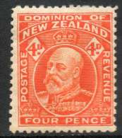 New Zealand 1910 - 4d Orange P14 (line) SG396 MH Cat £22 For HM SG2020 - MUST See Scans & Description Below - Unused Stamps