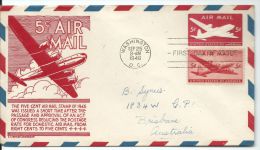 1946 5 Cent Stamped Envelope  + 5 C Stamp US Air Mail FDI  Washington To Brisbane Australia  Front & Back Shown - 2c. 1941-1960 Storia Postale