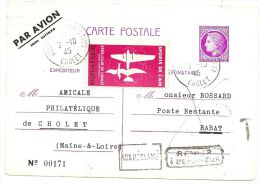 LSAU8 - EP CP MAZELIN 1f50 REPIQUAGE JOURNEE DE L'AVIATION CHOLET - CHOLET / RABAT 7/10/1945 - Postales  Transplantadas (antes 1995)