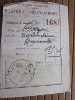 POSTES ET TELEGRAPHES Télégraphe Déclaration De Versement Récépissé Cachet à Date 1908 Envoyeur D´argent Lire Au Verso - Telegraphie Und Telefon