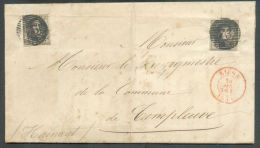 N°3(2) - Médaillons 10 Centimes Bruns (2 Exemplaires) Obl. P.73 Sur Lettre De LIEGE Le 26 Avril 1851 Vers Templeuve - 94 - 1849-1850 Medaillen (3/5)