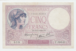 France 5 Francs 27-7-1939 VF++ CRISP Banknote P 83 - 5 F 1917-1940 ''Violet''