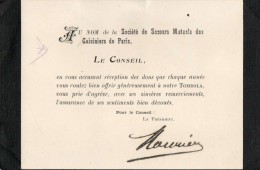 SOCIETE DE SECOURS MUTUELS DES CUISINIERS DE PARIS Carton Taille 10,5x13,5 - Labor Unions