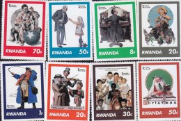 G)1981 RWANDA, ARTWORK NORMAN ROCKWELL, CLOWN-DOG-SANTACLAUS-KIDS-PIANO-MUSICIANS, SET OF 8, MNH - Unused Stamps