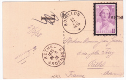 Carte Càd BOUILLON/1938 Affr. N°414 (hors Court) Annulé à L'arrivée Griffe "RETHEL"+ Càd. - Briefe U. Dokumente